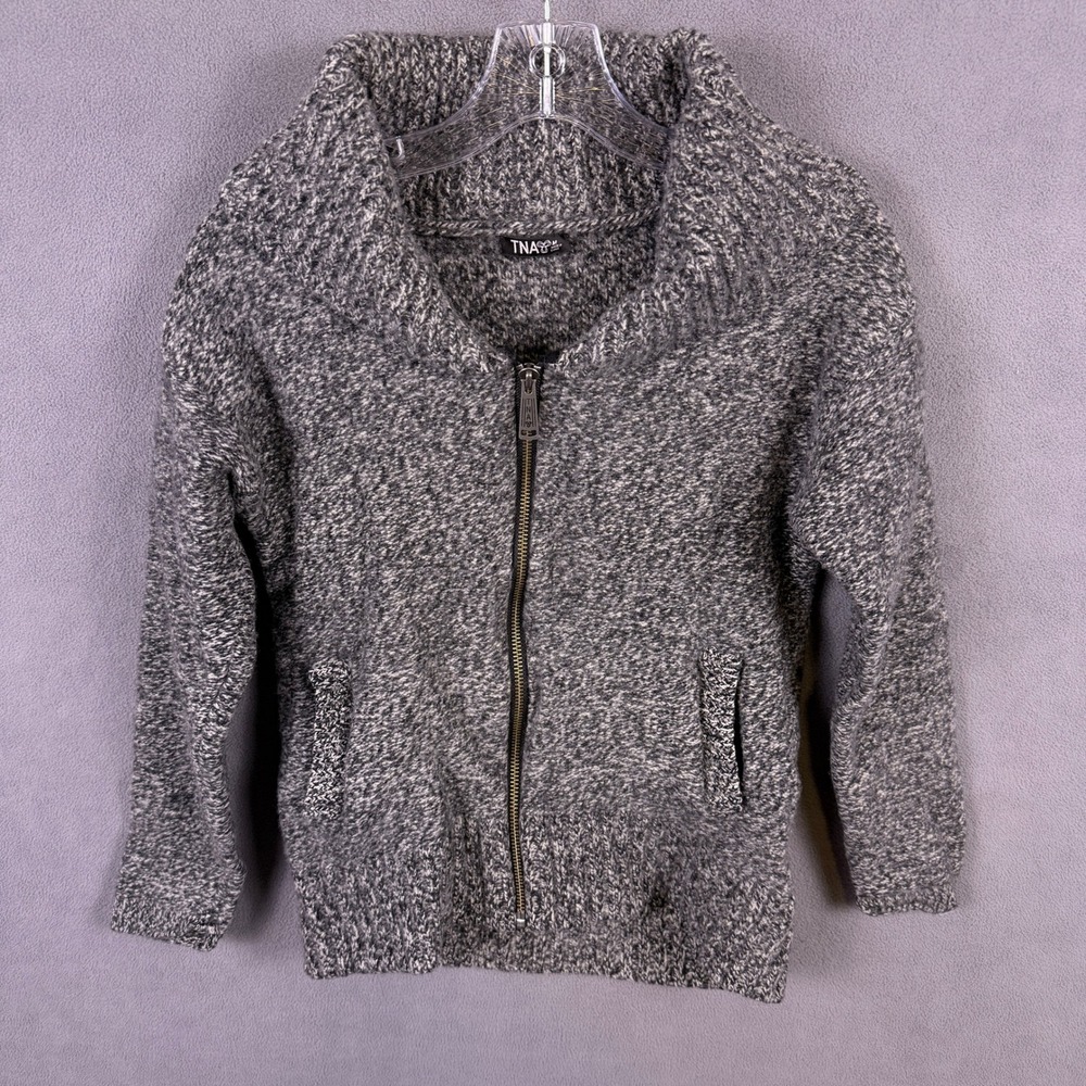 Aritzia TNA Wool Sweater Women's Knit Full Zip M Gray Marl Shawl Collar Cardigan